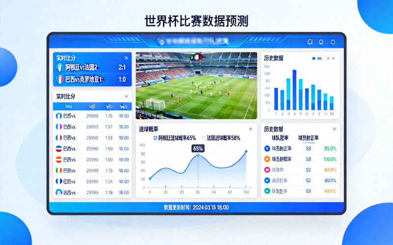 世界杯预测平台数据可视化大屏展示图 - 显示各种比赛数据和预测曲线
