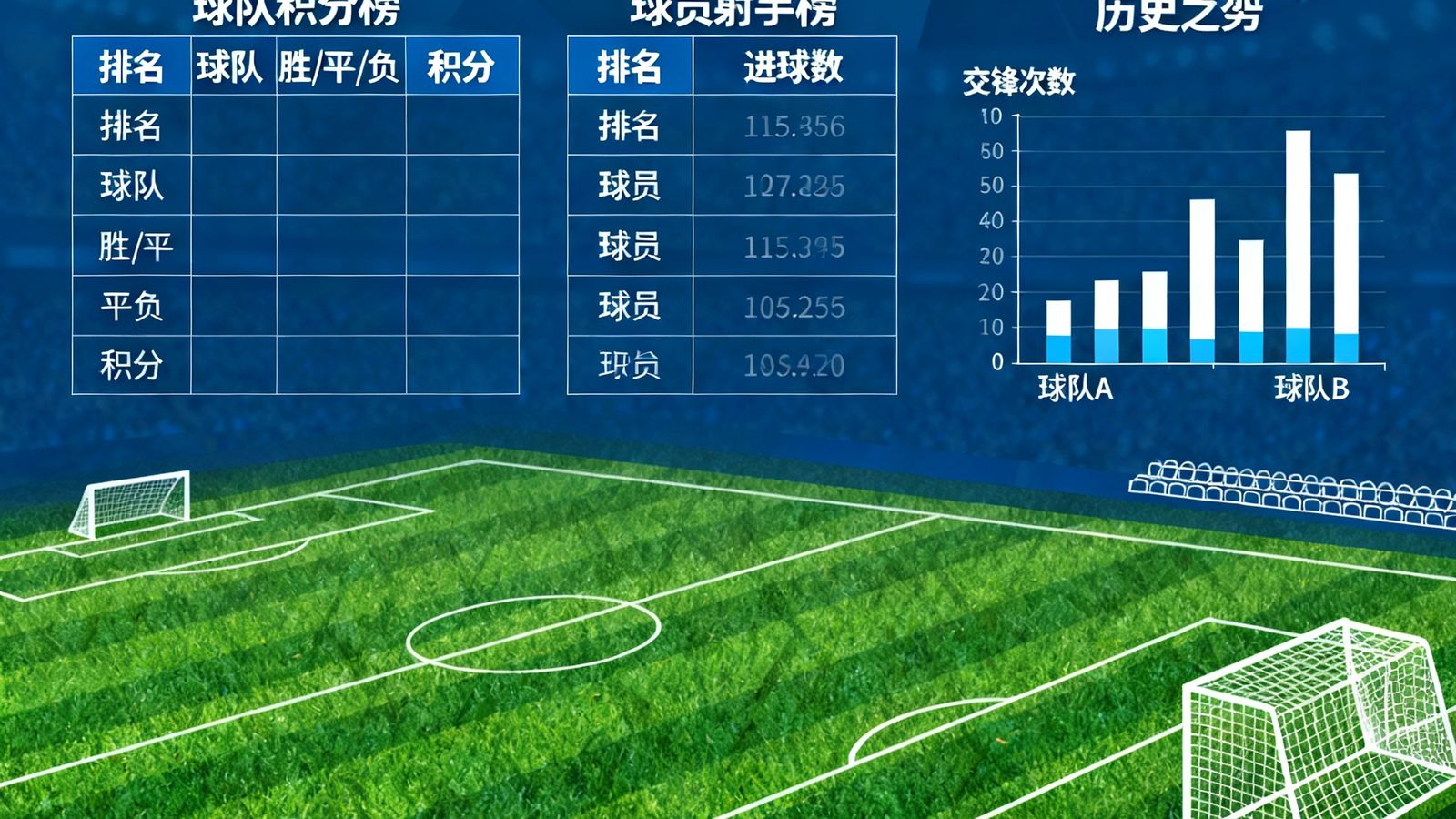 世界杯数据统计面板：球队积分榜、球员射手榜、历史交锋柱状图，背景为球场几何图案